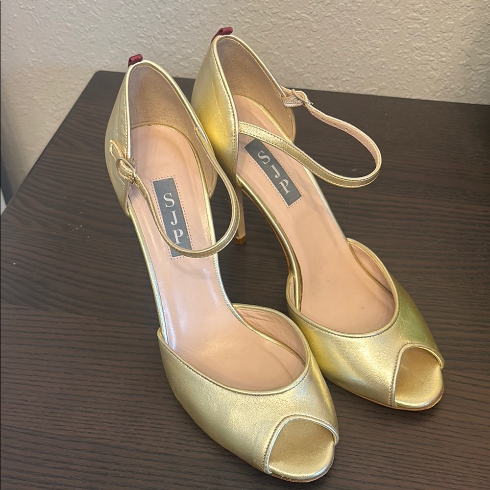 SJP by Sarah Jessica Parker Metallic Gold Peep-Toe Ankle Strap Heels